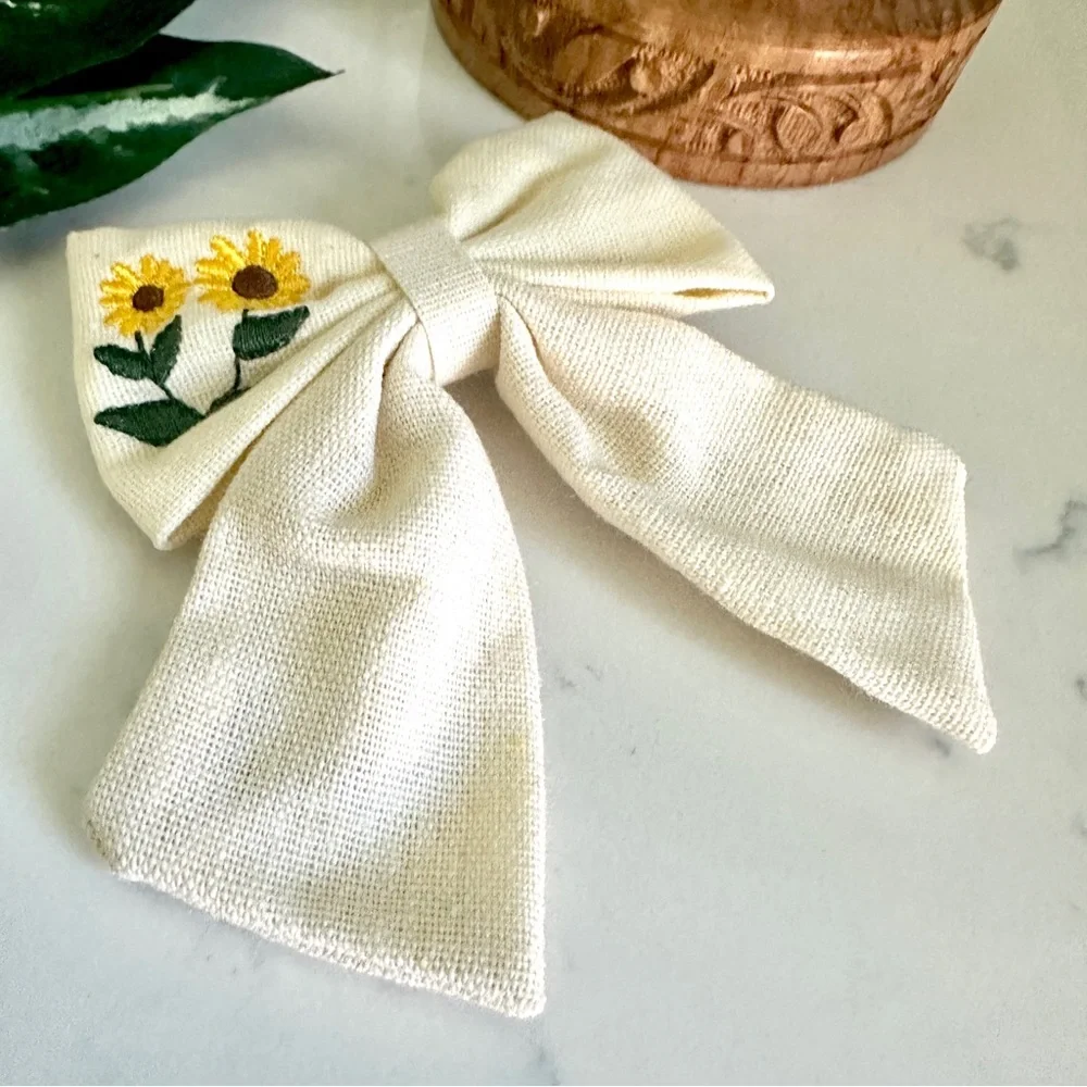 3/$22🩶 Sunflower Embroidered Bow Barrette Hair Bow Hair Accessories Cottagecore